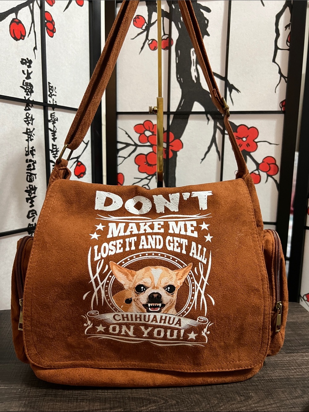 Don't Make Me Chihuahua On You Brown Suede Crossbody Bag